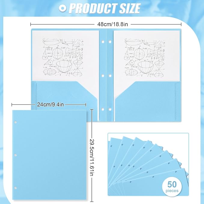 Yeaqee 50 Pcs Plastic Folders with Pockets Bulk 3 Hole Punched 2 Pocket File Folders for 3 Ring Binder Divider Folder for Notebooks, Durable Poly for Office Home (Light Blue)
