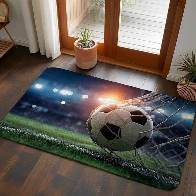 Football Washable Area Rugs for Living Room Bedroom, Large Non Slip Indoor Floor Carpet Absorbent Low Pile Goal Net Soccer Sports Orange Blue Green Door Mat Rugs for Bathroom Entryway 47.2"x63"