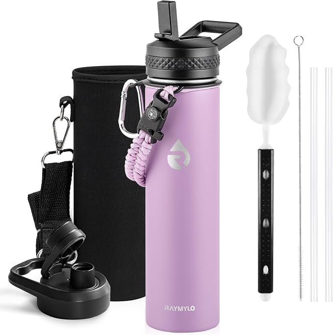 RAYMYLO Insulated Water Bottle 24 oz, Triple Wall Vacuum Stainless Steel (Cold for 24Hrs, Hot for 12Hrs), Leak Proof & Non-BPA, Modern Water Flask Jug with Paracord Handle & Straw Spout Lids