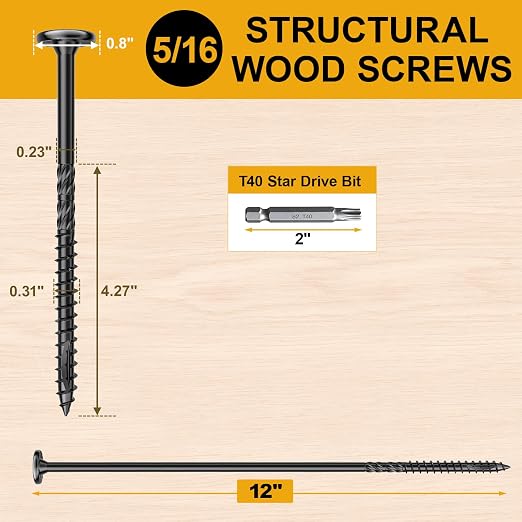 5/16" x12” Wood Structural Lag Screws | 108Pcs Star Drive Decking Wood Screws, Rust Resistant Timber Screws for Timber/Log/Landscaping Wood
