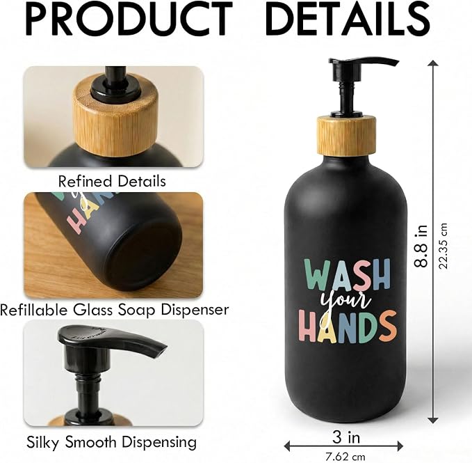 Kids Bathroom Boho Soap Dispenser, Wash Your Hands Bathroom Countertop Hand Soap Dispenser with Pump, Colorful Toddler Decor Handsoap Refillable Glass Pump Bottle Container (Black)