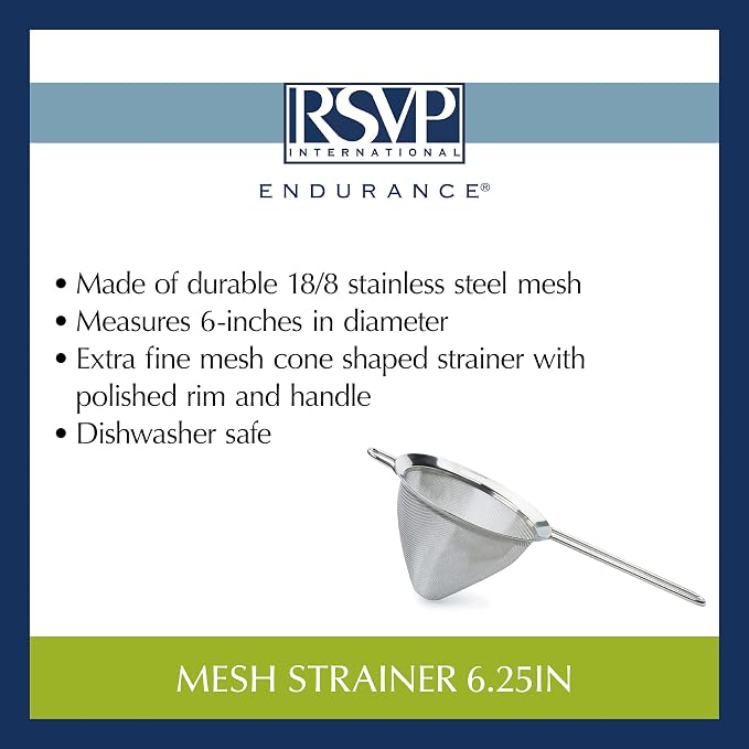 RSVP International Endurance Kitchen Collection, Stainless Steel Fine Mesh Conical Sieve/Colander, Multi-Purpose for Cooking, Baking, Loose Leaf Tea, Bar Strainer Cocktails, 6.25-Inch