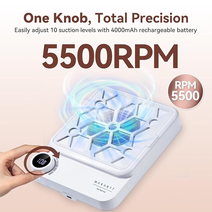 Makartt Compact Rechargeable Nail Dust Collector - 5500RPM Dust Collector Nail Tech ERYNOS Adjustable Speed,Quiet for Polishing Cuticle Manicure Salon&Home Use With 10pcs Filters&Dust Brush White