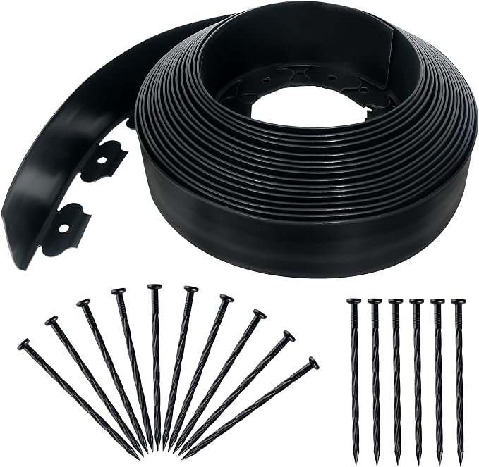Quibbay 3.15" x 50' Landscape Edging, Plastic Garden Edging Borders with 75 Anchoring Spikes, Flexible Lawn Edging for Landscaping Garden Flower Beds Grass Yard Paver Pathway, Black