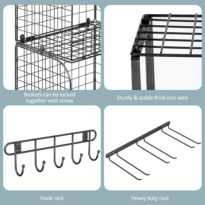 ThreeHio Garage Shelf Wall Mounted with Wire baskets, Heavy Duty Garage Wall Shelving with Garden Tool Rack and Hooks, Wire Shelf Baskets Tool Organizer for Home Garden Yard Organization and Storage