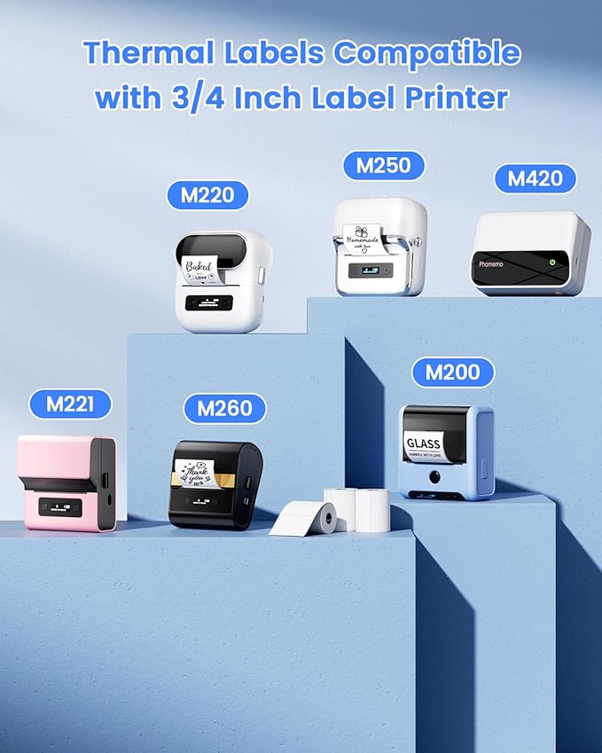Phomemo Thermal Sticker Labels- 2.75"x1.57"(70x40mm) Thermal Label for M221/M220/M250/M260, for Barcode/Address/Mailing/Logo/Business/Home Tag, Black on White