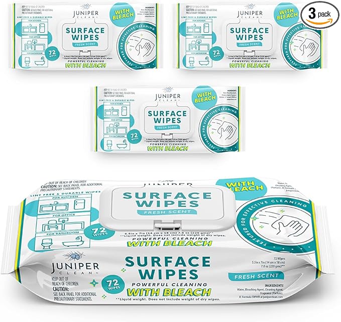 Juniper CLEAN 3 Pack Surface Cleaning Wipes with Bleach, All-Purpose Cleaner for Bathroom, Kitchen, Office, 216 Count Soft Flow, Fresh Scent, Lint Free & Durable