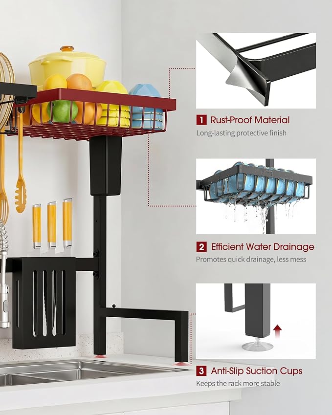 Sakugi Dish Drying Rack Over The Sink, Dish Drainer for Kitchen Counter | Stainless Steel Storage Organizer with Utensil Knife Holder & Hooks, Adjustable 11"D x 30.5"~34''W x 21.5" H, Black