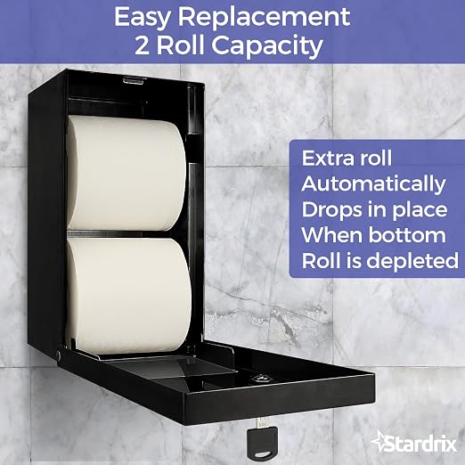 Stardrix Matte Black 2 Roll Stainless Steel Commercial Toilet Paper Dispenser, Heavy Duty Wall Mount Tissue Holder with Lock for Restroom/Bathroom