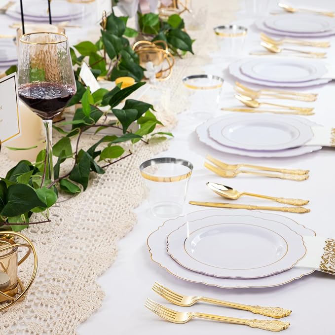 WDF Partyware 350 Pieces Gold Disposable Plates for 50 Guests, Plastic Plates for Party, Dinnerware Set of 50 Dinner Plates, 50 Salad Plate, 50 Spoons, 50 Forks, 50 Knives, 50 Cups for Wedding/Party