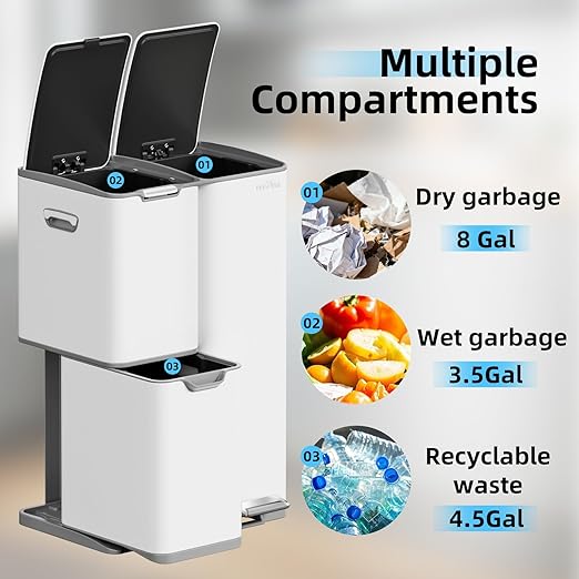 mVm 16 Gal Kitchen Trash Can, 3 Compartment Garbage Can, Heavy Duty Anti Fingerprint Brushed Recycling Bin for Office Home（White）