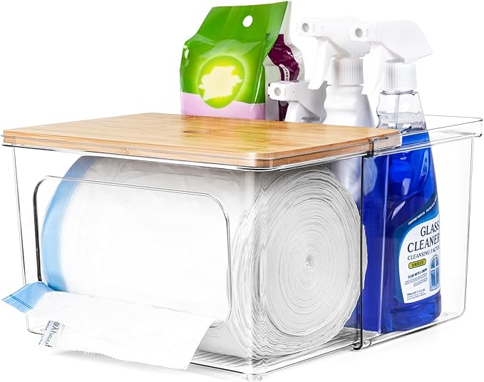 iCASA Trash Bag Dispenser Holder - 2 in 1 Acrylic Under Sink Organizer Garbage Bags Container with Bamboo Lid, Holds up to 100 Count 13/30/33 Gallon Bag Roll for Kitchen, Pantry, Laundry Room Storage