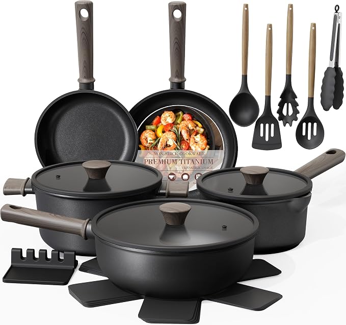 Astercook 19 Pcs Pots and Pans Set Non Stick, Black Titanium Induction Kitchen Cookware Sets, Non toxic Healthy Kitchen Cooking Set with Frying Pans Set, PTFE PFOA PFOS Free, Fathers Day Gift for Men