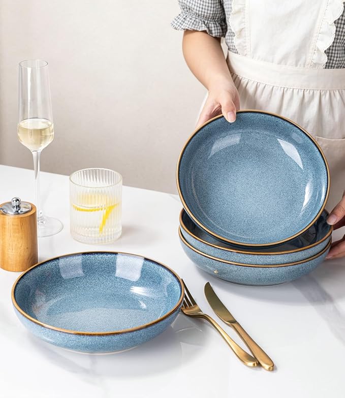AmorArc 8.5'' Large Ceramic Pasta Bowls, 36oz Stoneware Pasta Serving Bowls Set of 4 for Kitchen, Wide Bowls for Pasta,Salad,Oatmeal, Microwave Safe, Reactive Glaze-Blue