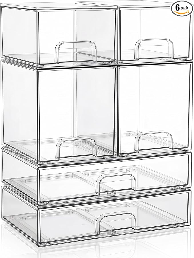 Clear Stackable Storage Drawers: Baby Bottle Storage Organizer, Acrylic Bottles Station Organizer Container for Countertop, Vanity, Bathroom, Cabinet Organization - 6 Pack