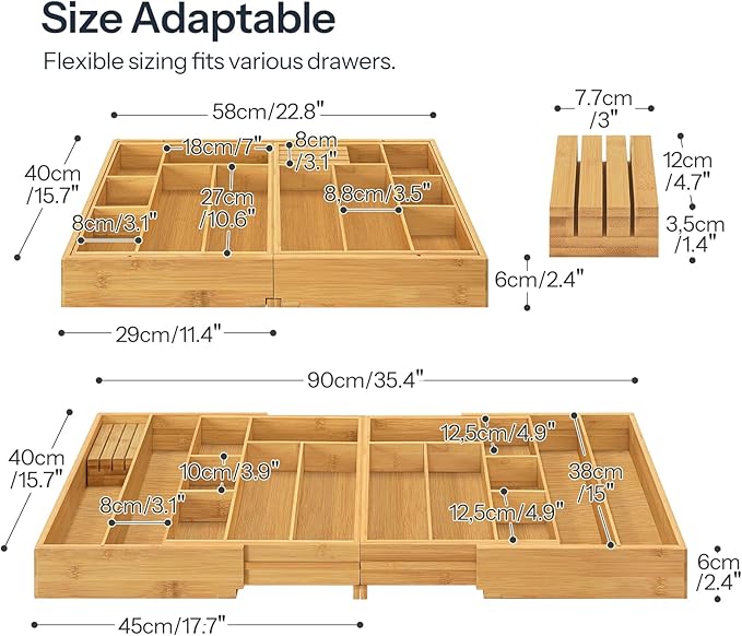 HOOBRO Large Silverware Organizer Kitchen Drawer Organizer, Magnetic Connected Expandable Utensil Organizer From 22 to 35 Inches, Bamboo 16 Slots Cutlery Tray with Knife Holder, Natural YL07TL01