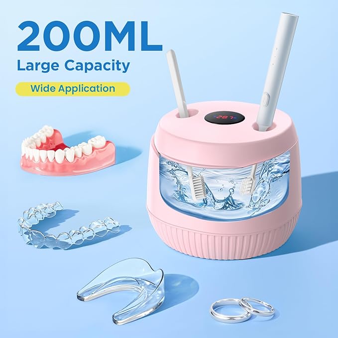 Dental Ultrasonic Retainer Cleaner Machine: 45kHz Dental Cleaning Pod with Digital Timer & 200ML, Cleaning for Dentures, Mouth Guards, Aligners, Night Guards, Braces, Toothbrush Heads & Jewelry, Pink