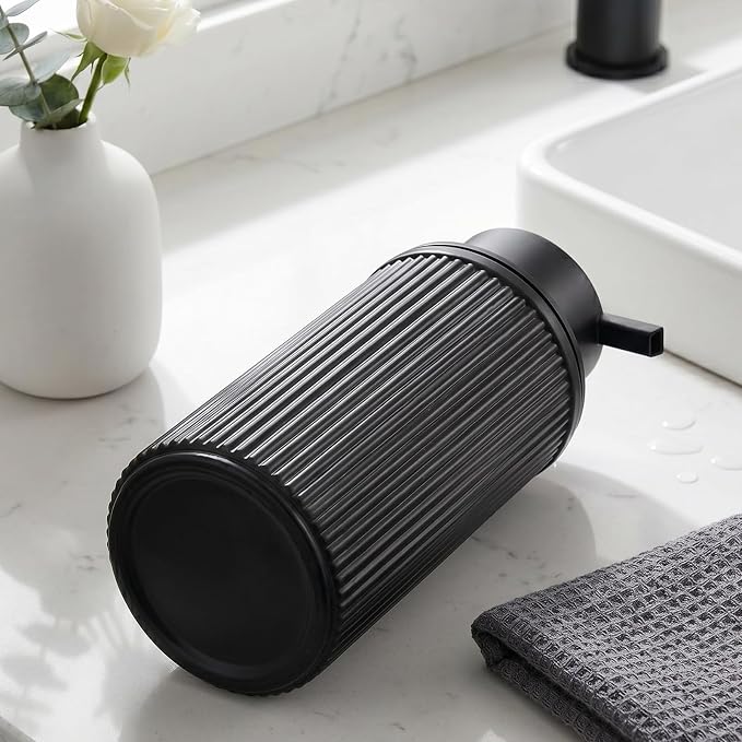 KASUNTING Matte Black Foaming Soap Dispenser, Ribbed Glass Foam Hand Soap Dispenser for Bathroom, 11 Fl Oz Refillable Foaming Bottle with Black Pump, Modern Dish Soap Foam Dispenser
