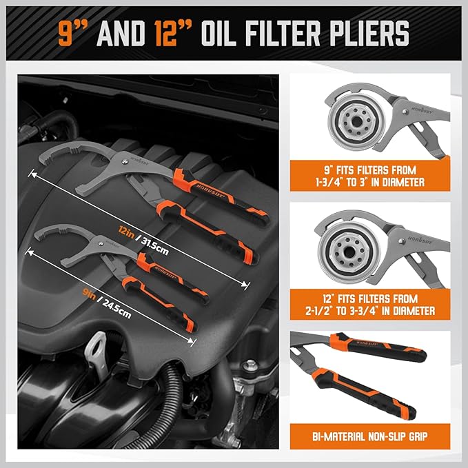 11-Piece Oil Filter Wrench Set with Storage Case - Swivel Wrenches Fit 2-3/4" to 5-1/4", Adjustable Filter Pliers (9" & 12"), Valve Lapper Set, 3-Jaw Socket, Ratchet Handle for Garage, Roadside Repair