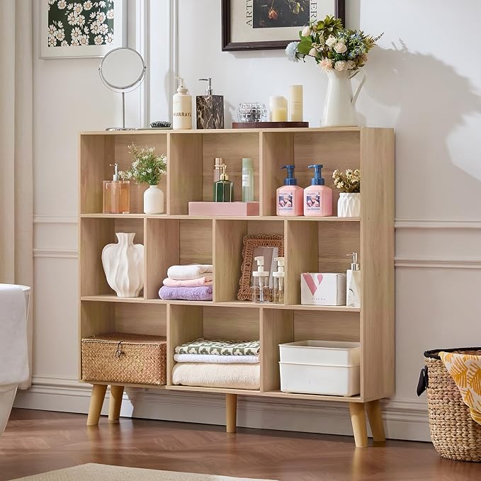 LEYAOYAO 10 Cube Bookshelf,Mid-Century Modern Bookcase with Legs,Light Wood | 3 Tier Book Shelf,Rustic Wood Bookshelves Freestanding Large Storage Organizer, Open Shelves for Bedroom, Living Room, Office