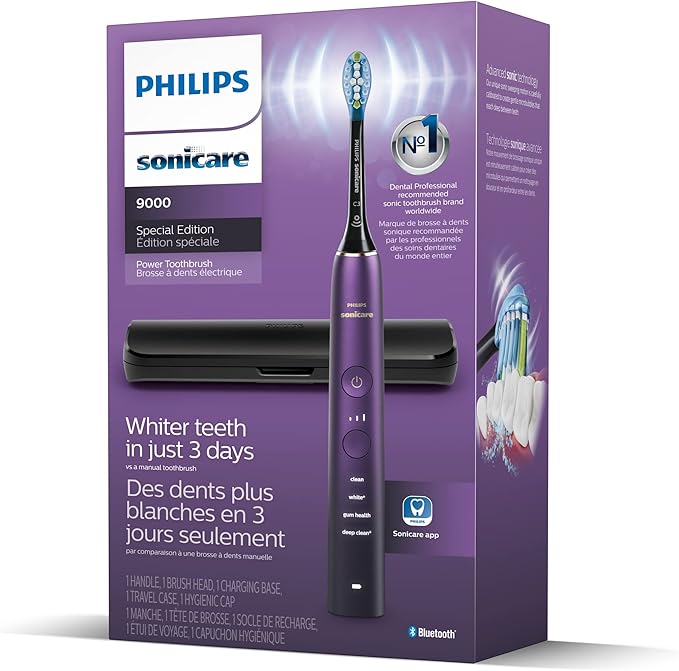 Philips Sonicare DiamondClean 9000 Electric Toothbrush - Sonic Toothbrush with App, Pressure Sensor, 12 Brushing Settings, Replacement Reminder, Charging Stand, Travel Case, Amethyst, HX9911/91
