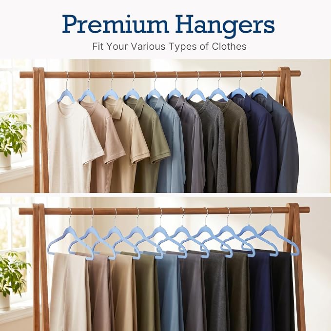 HOUSE DAY Tranquil Blue Velvet Hangers 60 Pack, Non Slip Clothes Felt Hanger Heavy Duty for Coat, Premium Slim Space Saving Suit Hangers for Closet Organizer, 360° Rotating Silver Hook