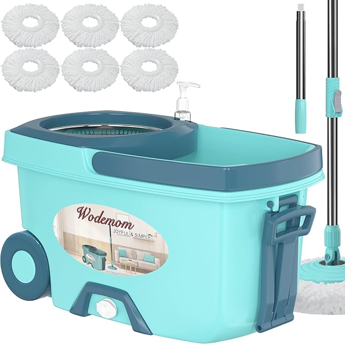 Spin Mop and Bucket System, Mop and Bucket with Wringer Set,Mops for Floor Cleaning,Household Supplies Tools with 6 Replacement Refills,61" Extended Handle for Household Hardwood Floor - Green