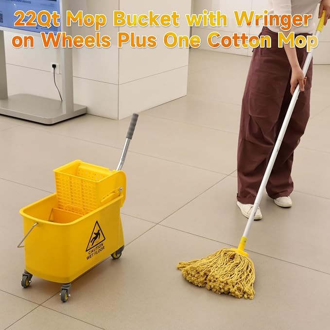 Mop Bucket with Wringer, 22 Qt (5.5 Gallon), Floor Cleaning, Handle, Wheels, 16.5" L x 10.6" W x 26.4" H, Yellow,Plus One Cotton Mop