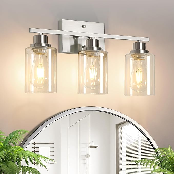 Ascher Bathroom Light Fixtures, 3-Light Vanity Light Over Mirror, Brushed Nickel Wall Sconces with Clear Glass Shades, Wall Lamp for Living Room Bedroom, E26 Base(Bulbs Not Included)