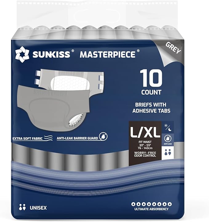 SUNKISS Masterpiece Adult Diapers with Tabs, Unisex Disposable Incontinence Briefs for Women and Men, Odor Control, Grey, L/XL, 10 Count