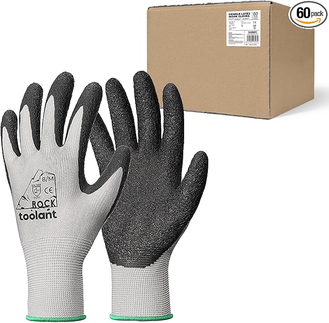 toolant Crinkle Latex Work Gloves Bulk, Rubber Coated Safety Work Gloves for Men and Women, 60 Pairs for Construction, Gardening, Warehouse (Gray, Medium)