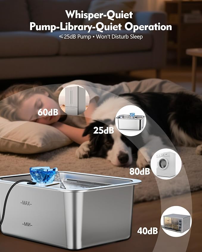 Stainless Steel Water Fountain for Large Dogs 3-Gallon Extra-Large Capacity Pet Water Dispenser Multi-Pet Compatible Drinking Bowl Easy to Clean Quiet Pump Design