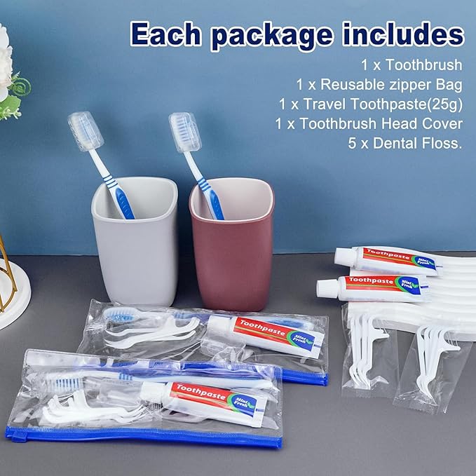 Disposable Toothbrushes with Toothpaste Individually Wrapped,Travel Kit with Plastic Zip Bag,Toothbrush Head Cover, Floss Pick,25gram Toothpaste,Bulk Toothbrush for Homeless,Travel,Hotel(5)