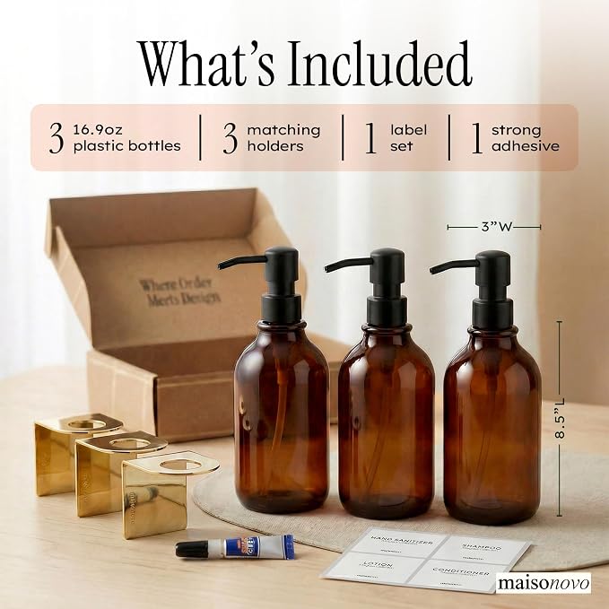 Shampoo and Conditioner Dispenser Wall Mounted Set of 3 Amber Gold - No Drill Shower Soap Dispenser for Bathroom Refillable - Spa Hotel Style Accessories by MaisoNovo