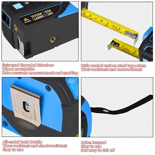 Tape Measure 4-in-1 Laser Digital Measuring Tape & 40m/131ft Laser Distance Meter & with 16ft/5m & Crosshair Markings & Dual-axis Electronic Level,Display On Backlit LCD Screen