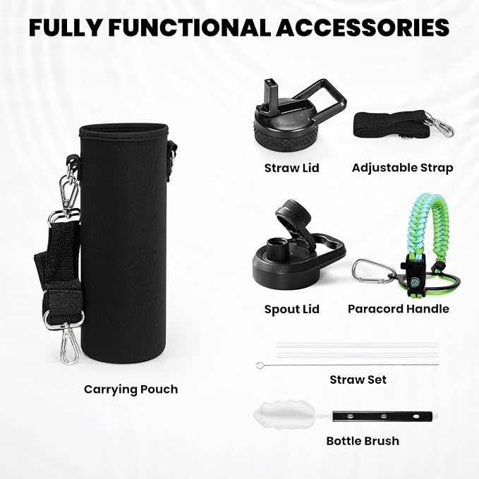 RAYMYLO Insulated Water Bottle 24 oz, Triple Wall Vacuum Stainless Steel (Cold for 24Hrs, Hot for 12Hrs), Leak Proof & Non-BPA, Modern Water Flask Jug with Paracord Handle & Straw Spout Lids