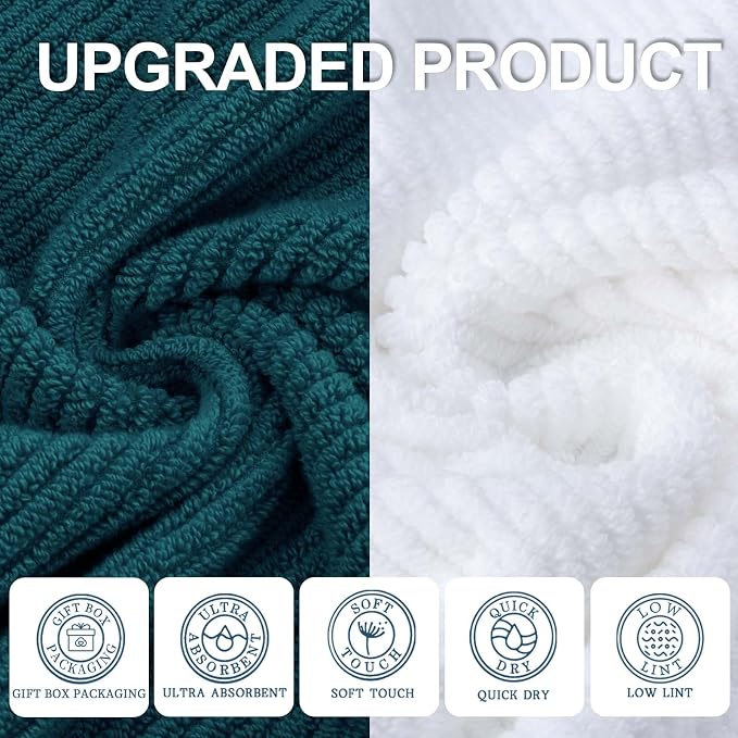 VOOVA & MOVAS 6PC Towel Set, 100% Cotton, Deep Turquoise White | 2 Large Bath 30x56 In, 2 Hand 18x28 In, 2 Wash Cloths 13x13 In, Quick Dry, Thick, Soft, Bathroom Decor Set