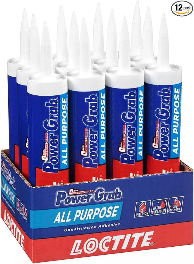Loctite Power Grab Express All Purpose Construction Adhesive, 9 fl oz Cartridge, 12 Pack - Versatile Construction Glue for Cement, Tile, Wall & More