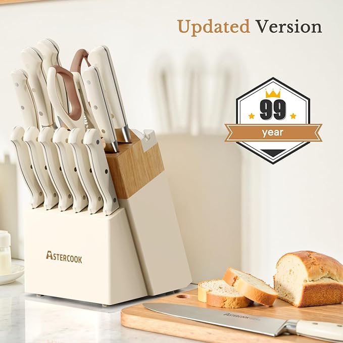 Knife Set,Astercook Kitchen Knife Set with Block 14-Piece Full Tang Stainless Steel Knives with Sharpener Dishwasher Safe and Anti-Slip Ergonomic Handle Utensils Set
