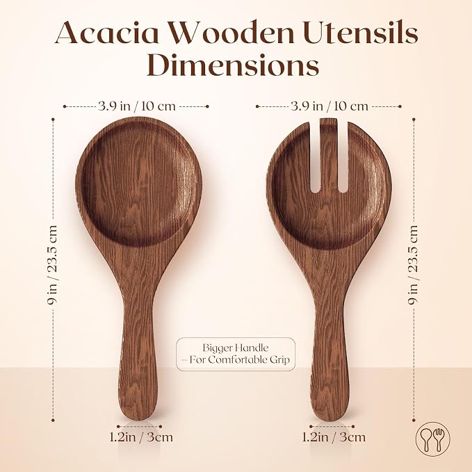 SoulThink® Golden Ratio Extra Large Crystal Glass Salad Bowl Set - Hosting Essentials Salad Serving Bowl with Acacia Wooden Salad Servers and Base, Dinner Party Must Haves for All Occasions
