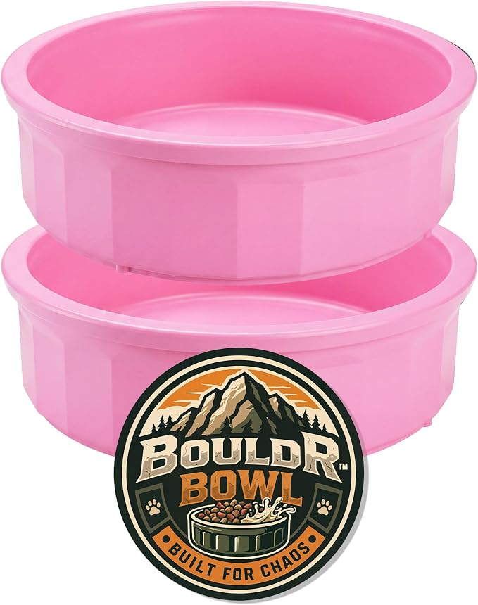 Pet Crock Bowl - 2 Pack – Thick Durable Plastic Non-Tip Food & Water Dish for Dogs, Cats - Indoor/Outdoor - Chew Resistant, Easy Clean BouldrBowl from Healthy Surplus® (Pink, 48oz Large)