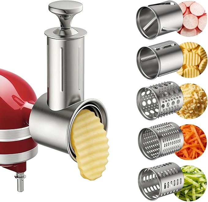 5-in-1 Stainless Steel Slicer Shredder Attachment Compatible with KitchenAid Stand Mixers, Cheese Grater Attachment, Vegetable Shredder, Salad Maker with 5 Cutting Blades, Dishwasher Safe