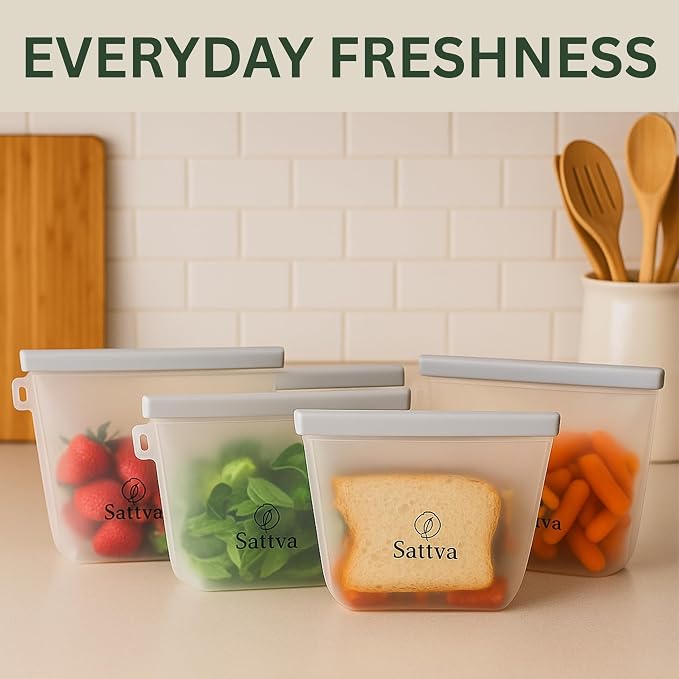 Silicone Food Storage Bags – 5 Pack (1000ml) | Reusable, BPA-Free, Leakproof | Freezer, Microwave & Dishwasher Safe | Eco-Friendly Silicone Snack & Meal Prep Bags