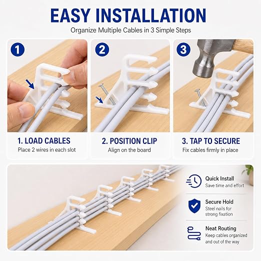 200 Pcs Multi-Cable Staples, Cable Stackers with Steel Nails Compatible with Romex NM Cable Coaxial, CAT5 CAT6 Data Cable, Electrical Wire Clip for Wood Studs In-Wall Wiring and Cable Management White