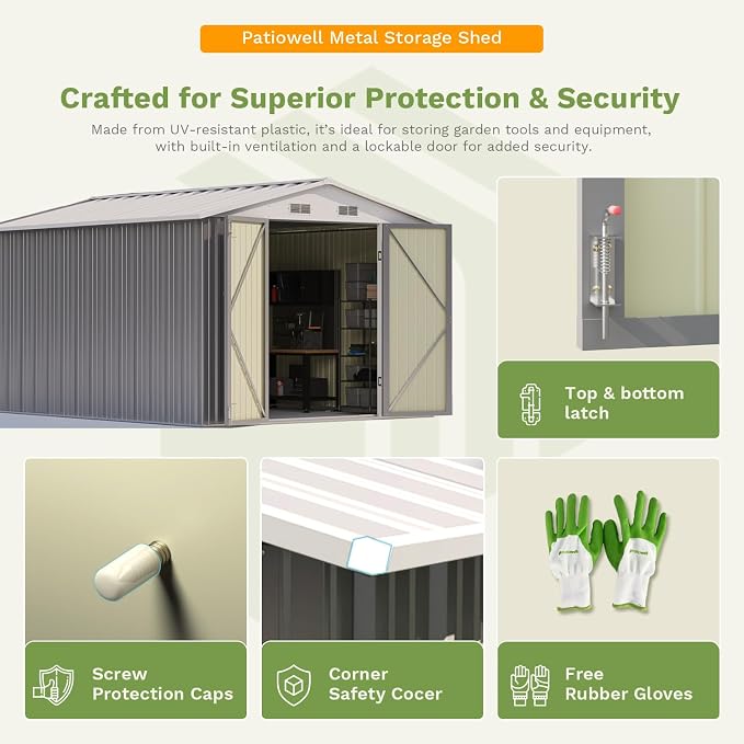 Patiowell 10x12 FT Metal Outdoor Storage Shed, Gray | Large Steel Yard Shed, Lockable Doors, Utility and Tool Storage Sheds for Garden, Backyard, Patio, Outside Use