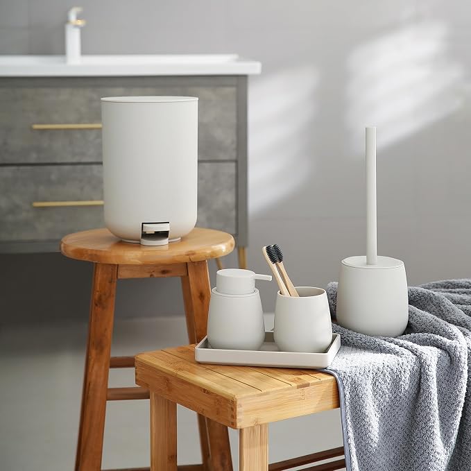 GAHEFY Small Beige White Bathroom Accessories Set with Mini Trash Can 3 Liter/0.8 Gallon,Toothbrush Holder,Soap Dispenser,Vanity Tray,Toilet Brush and Holder (Beige White 5pcs)