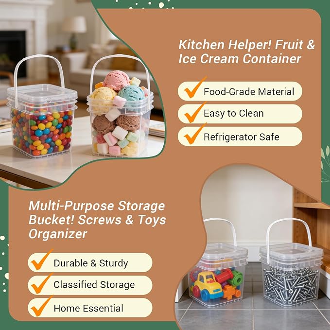 Food Storage Buckets with Lids - 4 Set Square Clear Plastic Containers, Airtight Pressure Seal & Handle for Kitchen Freezer Prep (Clear, 34 oz)