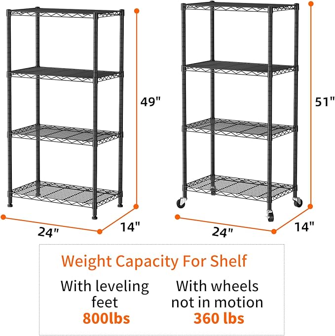 SINGAYE 4 Shelves Storage Wire Shelf Closet Metal Shelving Pantry Wheels | Shelf Bathroom Organizers Metal Kitchen Garage Shelving Unit Laundry Room Organization Home Rack Net Basket with Wheels