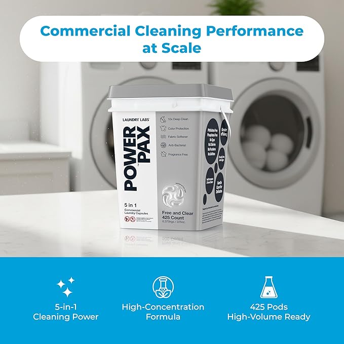 PowerPax 5-in-1 Laundry Detergent Pods - 425 Count, Washer Pods with Stain Remover, Odor Control, Fabric Softener & Color Care for Commercial Laundry - Fresh and Clean