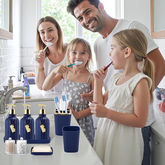 21PCS Bathroom Sets with Shower Curtain and Rugs Bathroom Accessories Set Navy Blue Bathroom Set Complete with Trash Can, Toilet Brush, Qtip Holder & 3PCS Soap Dispenser